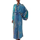NOVICA Artisan Hand-Painted Long Kimono Patterned Robe with Pockets for Women Lightweight Loungewear from Indonesia 'Floral Green Baliku'