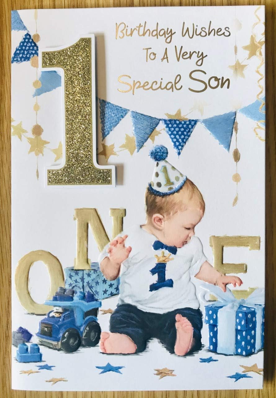 Son 1st Birthday Card Age 1 with Full Colour Insert & Verse, yellow|white|blue, 23cm x 15.5cm