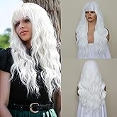 White Wig with Bangs for Women, Long Wavy White Wig 26 Inch Wigs Heat Resistant Synthetic Colorful Wig