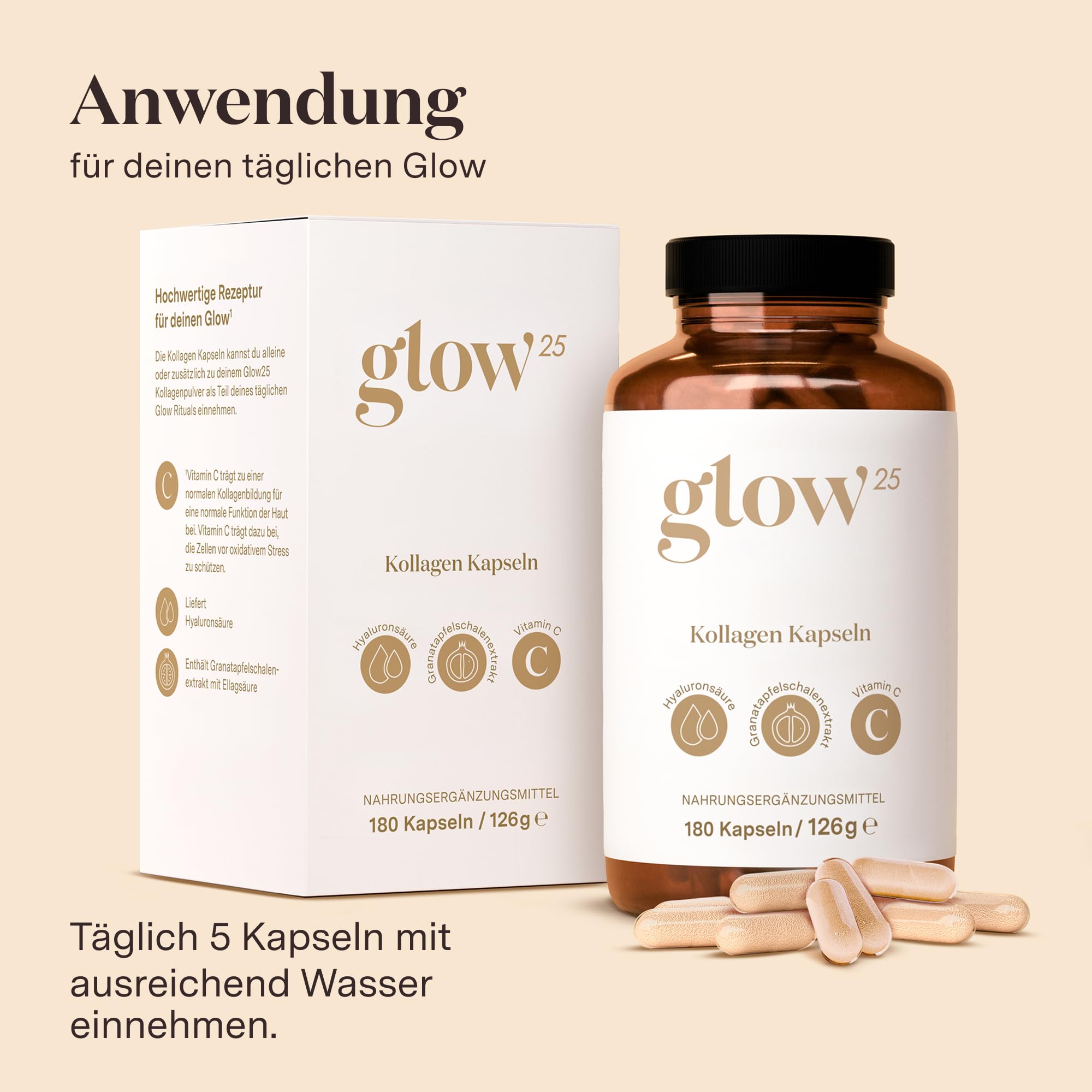 Glow25® Kollagen Kapseln hochdosiert [180 Kapseln] mit Hyaluronsäure und Vitamin C | Premium Collagen Complex | Laborgeprüft 3