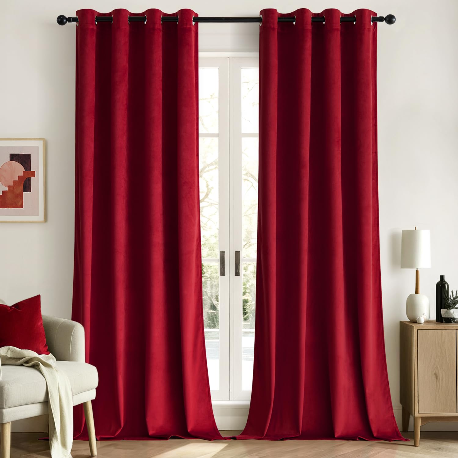 Woaboy Velvet Curtains 90 Drop Red Curtain for Living Room Thermal Blackout for Bedroom Luxury Eyelet Drapes Super Soft Window Treatment Insulated Soundproof & Room Darkening W 46 x L 90 2 Panels