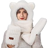Winter Warm Hooded Scarf for Women- 3-in-1 Thick Fluffy Hat Scarf Gloves Set, Winter Cozy Gifts