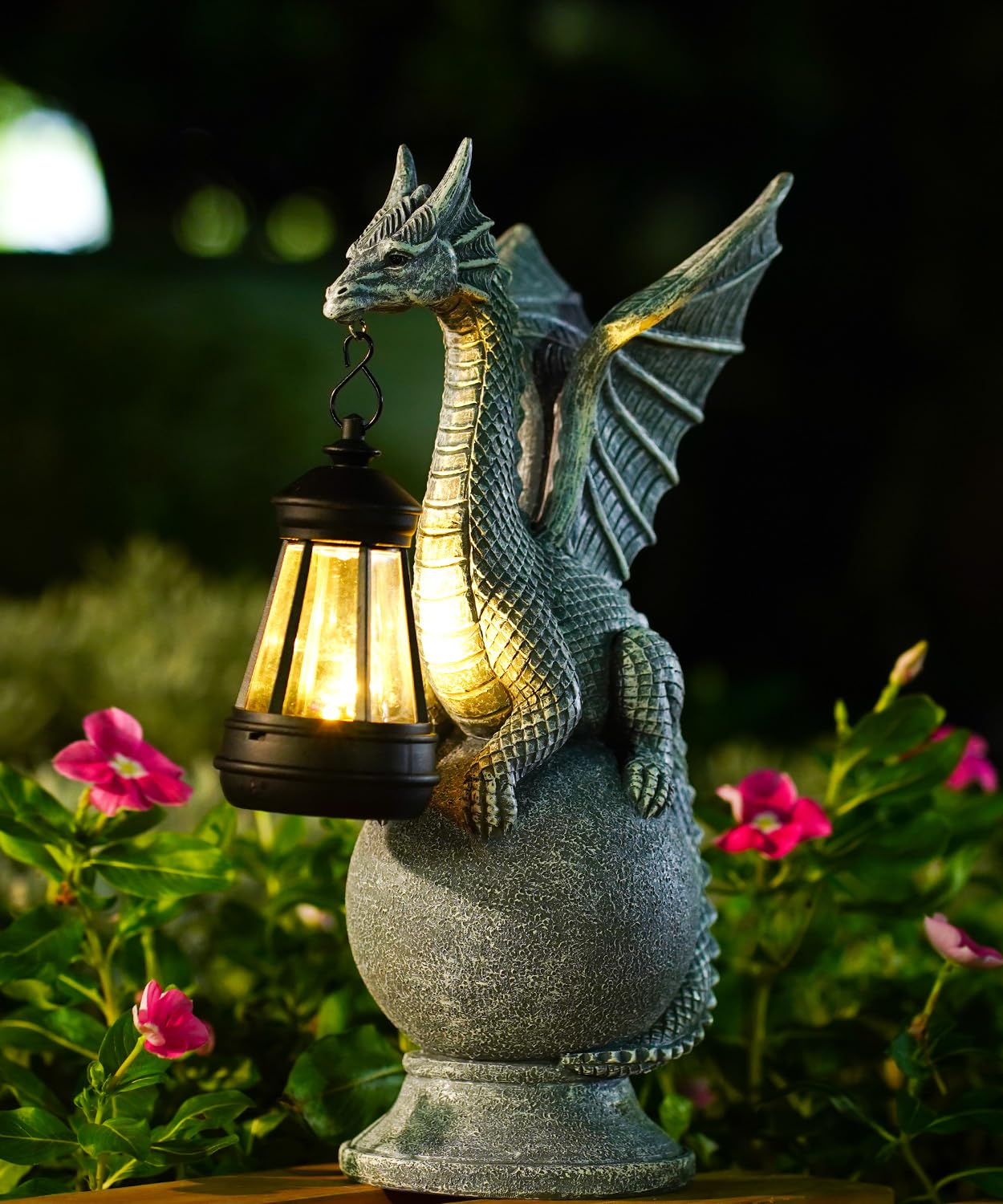 Goodeco Dragon Statue with Solar Light Figurine standing on a round ball - Lawn Decor Outdoor Statue for Patio, Balcony, Yard Ornament,Unique Gifts for Mum Grandma