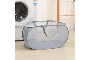 DAWNTREES Pop Up Laundry Hamper Basket,Large Collapsible Mesh Storage Basket with Side Pocket,Applicable to Laundry Room, Bathroom,Dorm,Travel Carrying (Grey Horizontal)