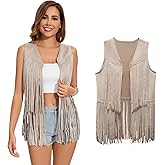 Women's Fringe Vest 60s 70s Hippie Vest Sleeveless Cowgirl Western Faux Suede Tassel Leather Jacket Hippie Party