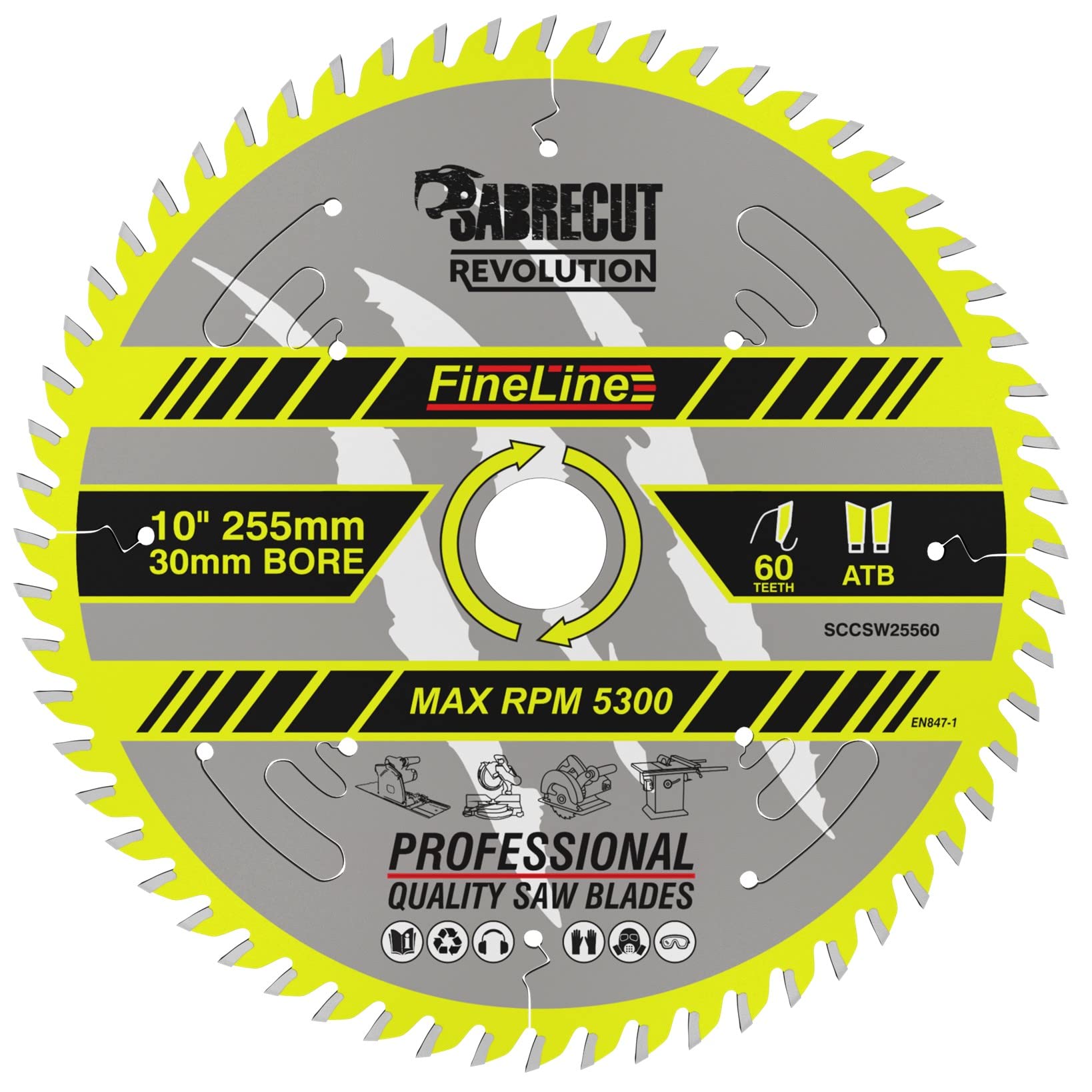1 x SCCSW25560 SabreCut 255mm 60T x 30mm Bore FineLine Thin Kerf Wood Plywood MDF Chipboard Cross Cutting and Rip Cutting Circular Saw Blade