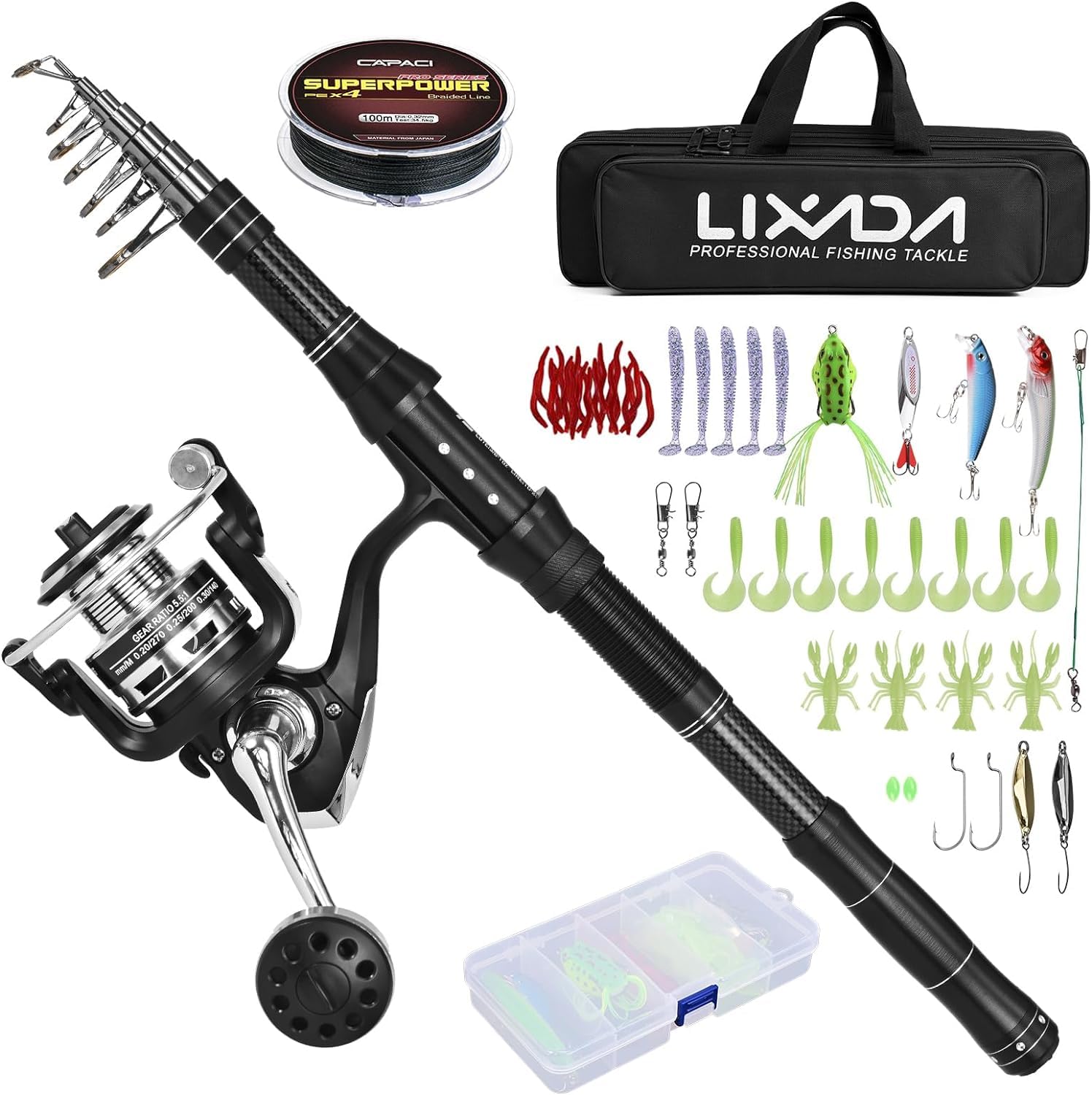 Lixada Fishing Rod Reel Combo Telescopic Fishing Rod with Fishing Line, Fishing Lures Kit & Accessories and Carrier Bag for Saltwater Freshwater Fishing Accessories Kit