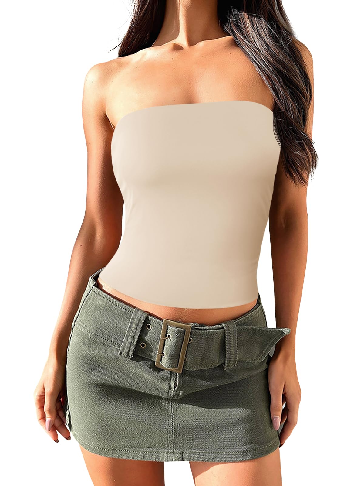 Photo 1 of Imily Bela Womens Summer Tube Tops Strapless No Pad Clubwear Y2K Going Out Stretchy Basic Casual Cami Tops Apricot