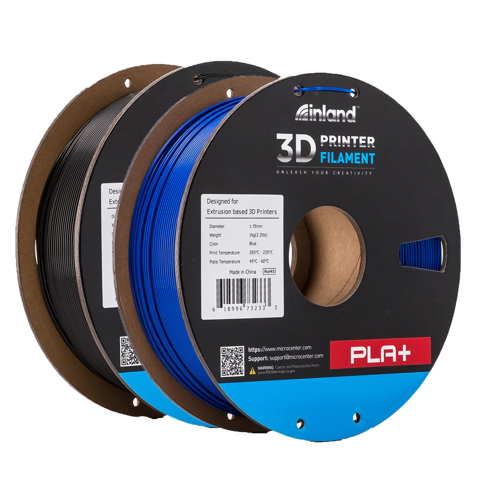 INLAND Micro Center PLA+ 3D Printing Filament 1.75mm - PLA Pro Dimensional Accuracy +/- 0.03 mm - 1kg Cardboard Spool (2.2 lbs) (2 Pack Black & Blue, 1.75mm) Image