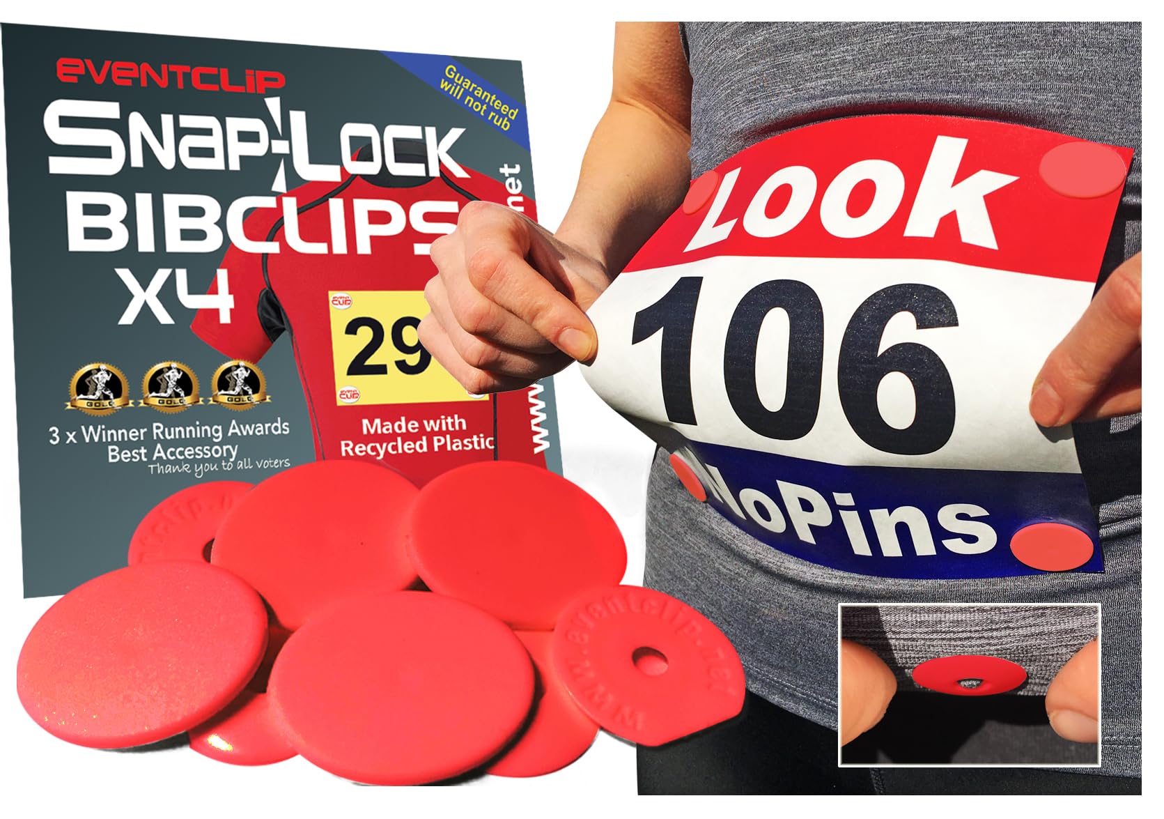 EventClip X 4 - RED. Proven Snap-Lock for Securing Running and Cycling Numbers. Made in the UK with Recycled Plastic Since 2009 Far better than Magnets. Fed up with Safety Pins?