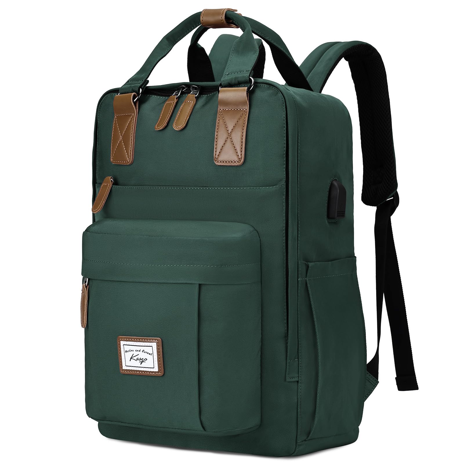 Kasgo School Backpack for Men, Water Resistant 15.6 inch Laptop Rucksack with USB Charging Port Bookbag Casual Daypack for Women Teenagers College Travel Work (Dark Green)
