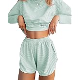 JUSTFASHIONNOW Womens Pajama Sets Striped Two Piece Lounge Sets Long Sleeve Top and Split Shorts Print Sleepwear Comfy Pjs