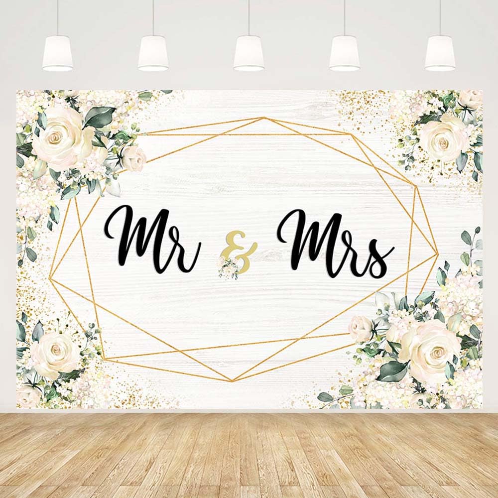MEHOFOND 8x6ft White Floral Backdrop for Mr & Mrs Engagement Party Decorations Couples Wedding Photography Background Anniversary Ceremony Bridal Shower Banner Photo Booth Props