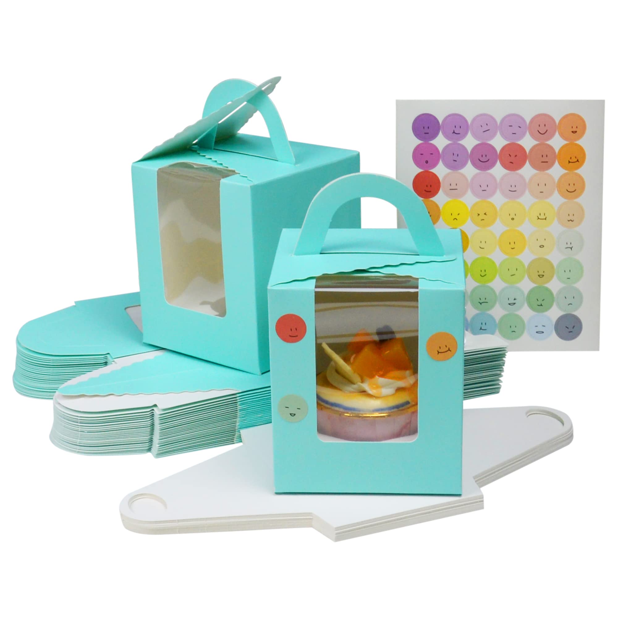 KEYIDO 30 Pcs Individual Cupcake Boxes Blue Single Cupcake Boxes 1 Hole Cake Box with Clear Window Inserts and 2 Sheets of Stickers for Wedding Birthday Party Favors