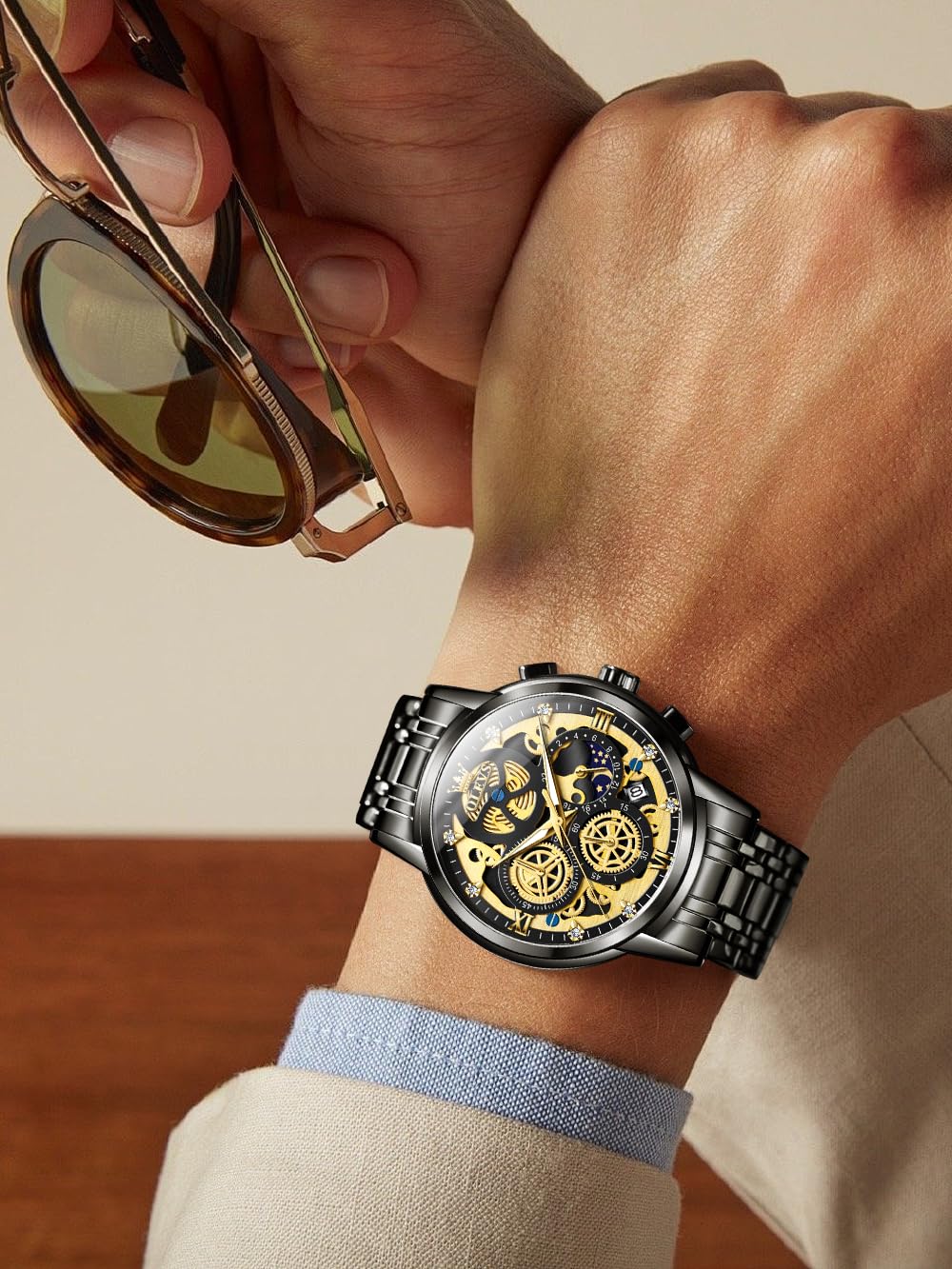 OLEVS Mens Watch Chronograph Luxury Diamond Dress Business Analog Quartz Wrist Watches Stainless Steel Waterproof Luminous