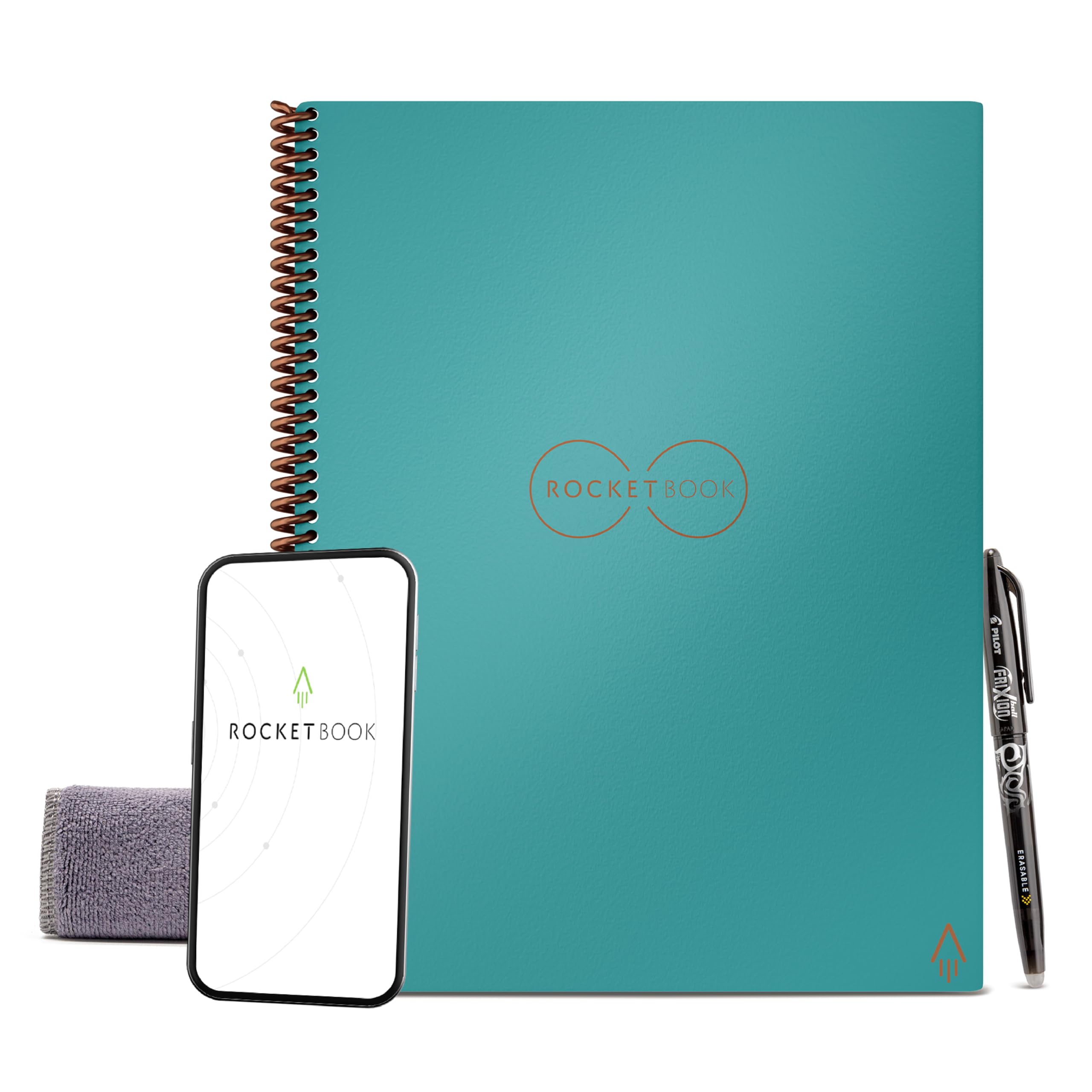 Rocketbook Core Cuaderno espiral reutilizable, tamaño carta 8,5 x 11, verde azulado, páginas rayadas, cubierta duradera, borrable y conectada a aplicaciones, ideal para la escuela, el trabajo y proyectos creativos