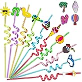 28pcs Pool Party Themed Reusable Crazy straws，Summer Beach Party Decoration Party Supplies Silly Straws，14 Design Pool Party Favors With 2 Cleaning Brushes 8 Color Straws