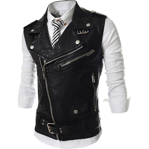 ジャケット・アウター HERENCIA Drawstring hem double zip vest Men's Collarless Leather Zipper Club Vest with 4 Zip Pockets