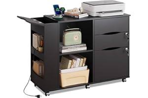 DEVAISE File Cabinet with Lock, 3 Drawer Rolling Mobile Lateral Filing Cabinets with Charging Station Printer Stand with Open Storage Shelves Fits A4 or Letter Size for Home Office Black