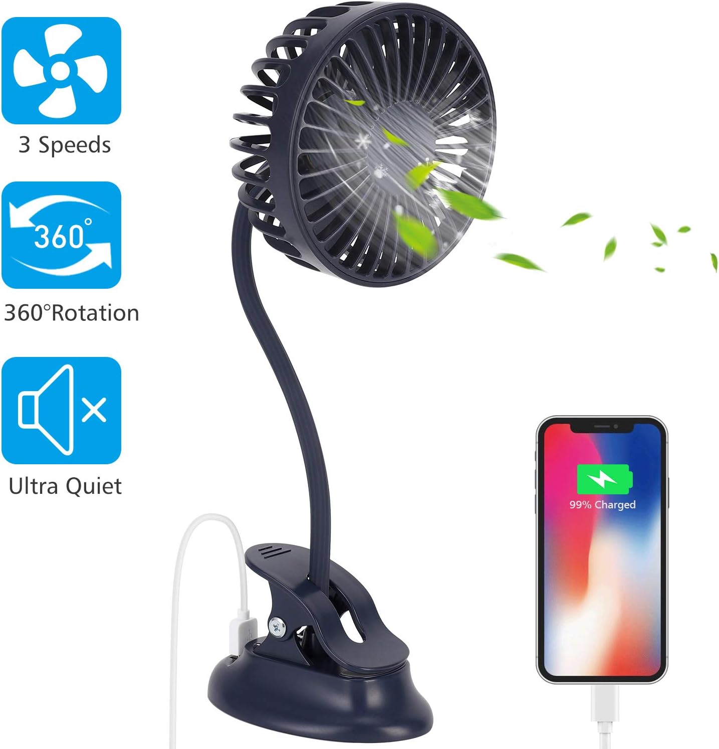 AOKIO Portable Clip on Stroller Fan, Mini Flexible Bendable