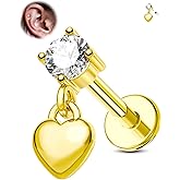 Jewseen 925 Sterling Silver Gold Cartilage Earring 16G Internally Threaded Cartilage Piercing Jewelry Dangle Heart Helix Tragus Conch Lip Nose Studs Earring for Women