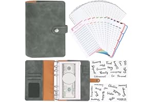 AUZESTO A6 Budget Binder, Soft PU Leather Notebook Binder Budget Planner Binder Cover with 16 Binder Pockets Cash Envelopes, 12 Expense Budget Sheets, 4 Shts Letter Sticker Labels for Bill Planner (Grey)