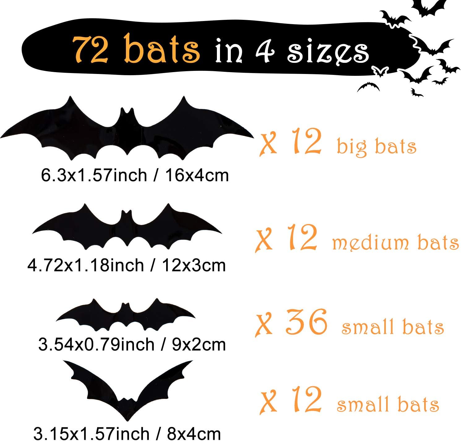 Whaline 72 Pack Halloween 3D Bats Stickers Plastic Wall Bat Decals for Home Window Decor Party Supplies (Black) - - 
