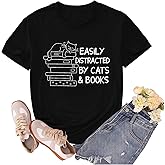 sallrue Book Lover Shirts for Women Cat Lover Tshirts Easily Distracted by Cats and Books Tee Tops