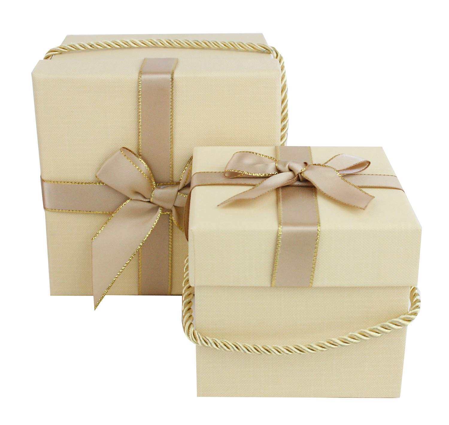 Emartbuy Set of 2 Beige Square Gift Boxes with Satin Ribbon & Gold Rope Handle – Luxury Rigid Cardboard Boxes for Hampers, Wedding & Party Gifting | 8 x 8 x 8 cm & 10 x10 x 10 cm
