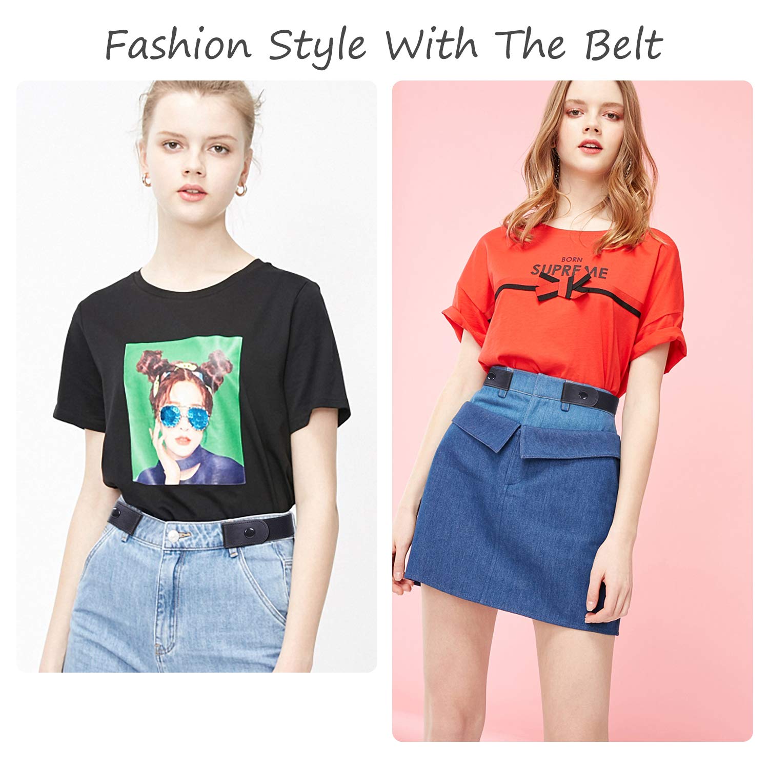 Buckle-Free Women No Buckle Invisible Stretch Belt For Jeans, Black, Large(Pants Size 34-48 Inches)