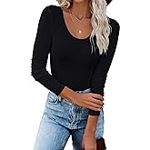 Areecin Women's Long Sleeve Shirts Scoop Neck Ribbed Knit Tops Slim Fitted Casual Basic Blouses