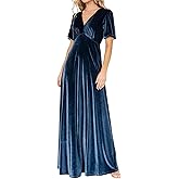R.Vivimos Womens Fall Velvet Maxi Dress 2026 Short Sleeve V Neck Elegant Vintage Flowy Long Dresses