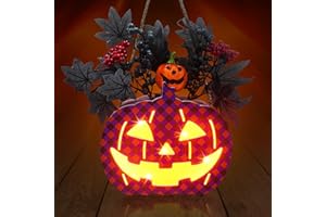 Dehoxara Lighted Halloween Pumpkin Sign Wreath Pumpkin Lantern with Black Maple Leaves Berries Hanging Decoration with Led Lights Battery Operated Halloween Decor for Home Outdoor Front Door Party