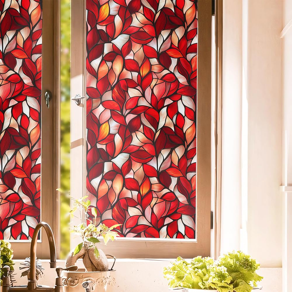 Photo 1 of ***PURPLE*** REDAMANCY Fire Red White Leaf Stained Glass Window Film Decorative Double-Side Privacy Film Self-Adhesive Static Glass Window Clings for Living Room Bathroom 15.7x118in/40x300cm