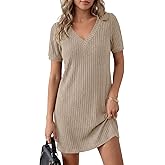 Vrtige Women's Knit V Neck Short Sleeve Casual Sweater Dress