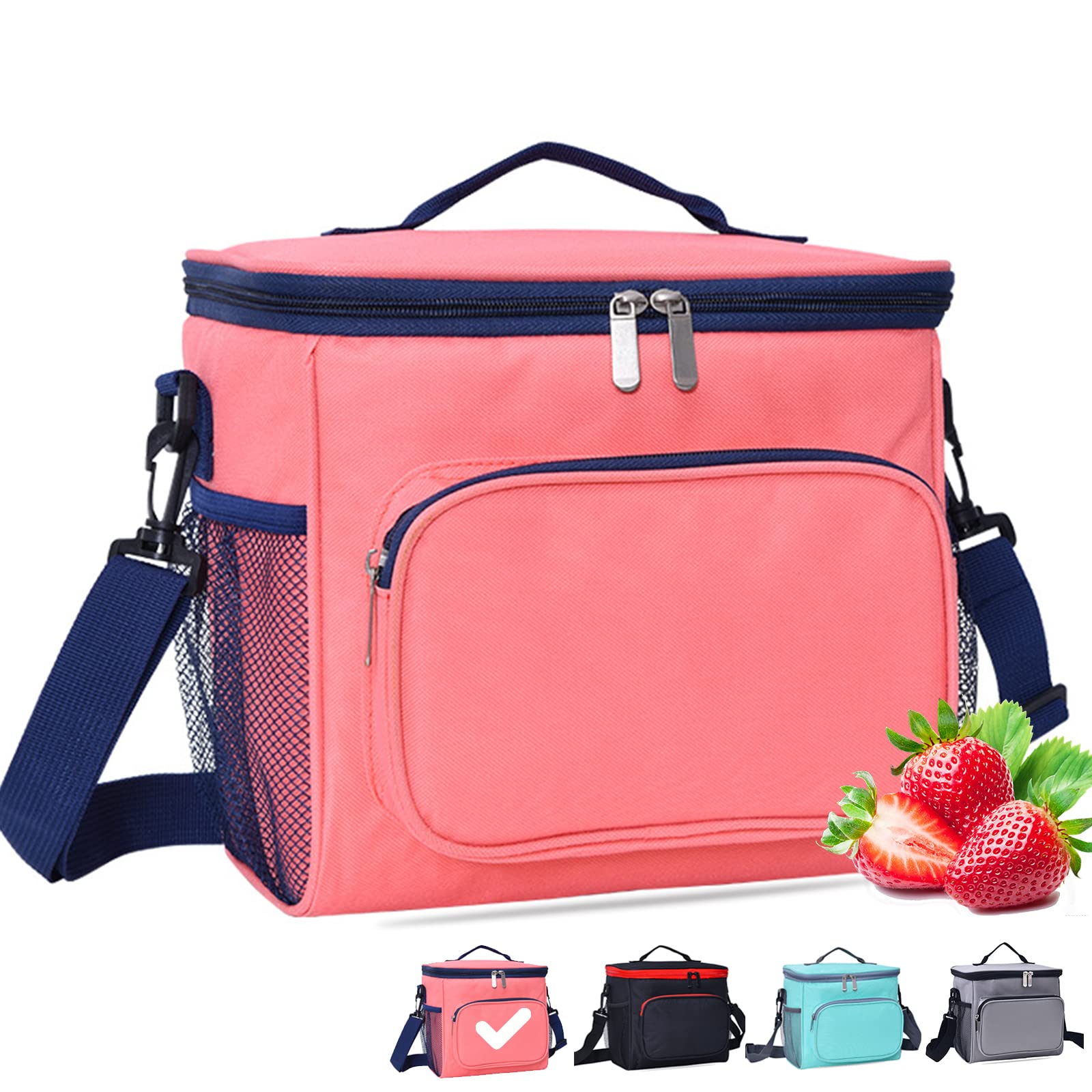 BOCHION 10L Insulated Lunch Bag for Women and Men, Reusable Leakproof Lunch Bag Kids with Adjustable Shoulder Strap and Multiple Pockets, Collapsible Cool Bags for Picnic, Camping, School, Work (Pink)