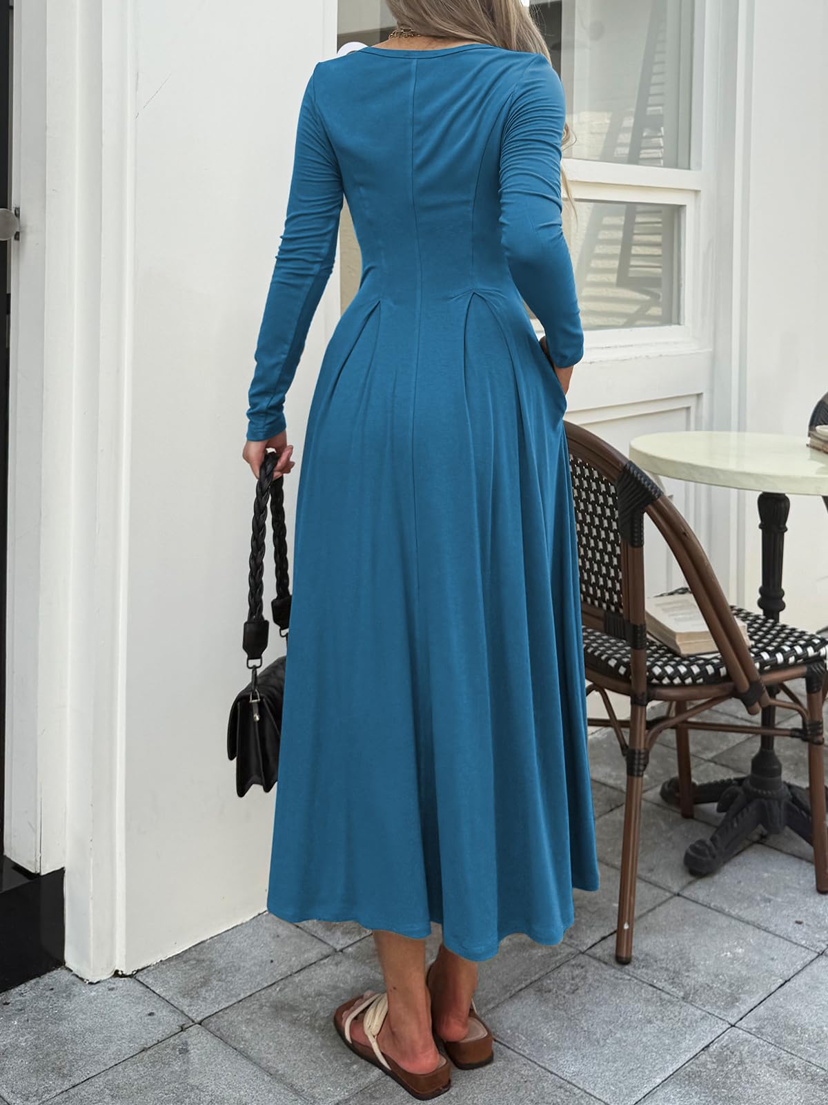 Mieazom Women Long Sleeve Square Neck Maxi Dress A-Line Pleated Flowy Elegant Party Cocktail Winter Fall Dresses with Pockets Blue XL