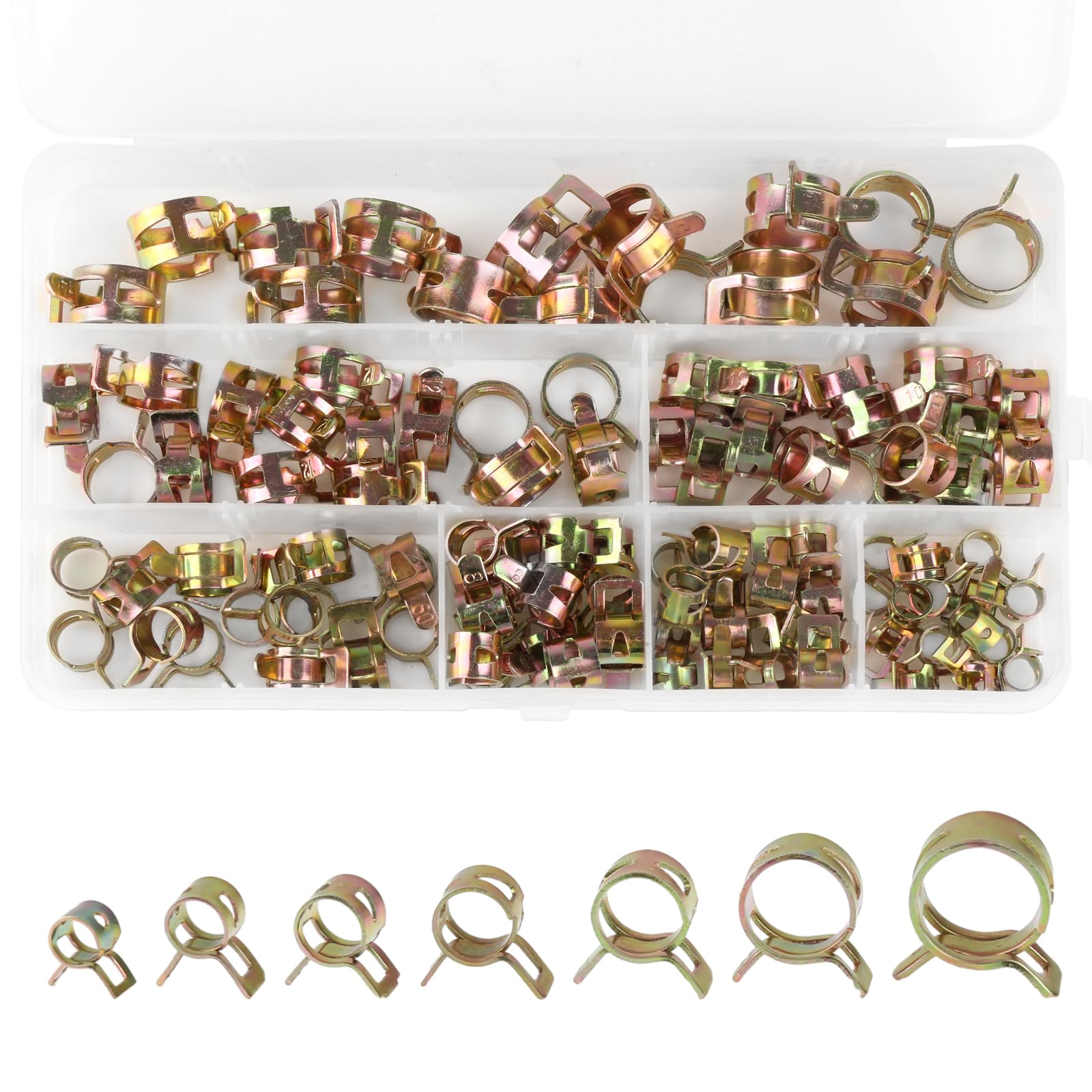 Pack of 105 Fuel Line Hose Clamps Attachment Hose Spring Clips Petrol Hose Clamps 7 Sizes 6/7/8/9/10/12/14 mm Petrol Pipe Clamps Set for Water Pipe Air Hose