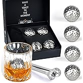 PONPUR Men's Golfer Gifts, Valentines Day Anniversary Birthday Gifts for Dad Him Husband, 4 Whiskey Golf Balls with 1 Tongs, Reusable Stainless Steel Golf Ice Balls Whiskey Gift for Golf Lover