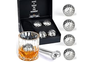 PONPUR Men's Golfer Gifts, Chirstmas Anniversary Birthday Gifts for Dad Him Husband, 4 Whiskey Golf Balls with 1 Tongs, Reusable Stainless Steel Golf Ice Balls Whiskey Gift for Golf Lover
