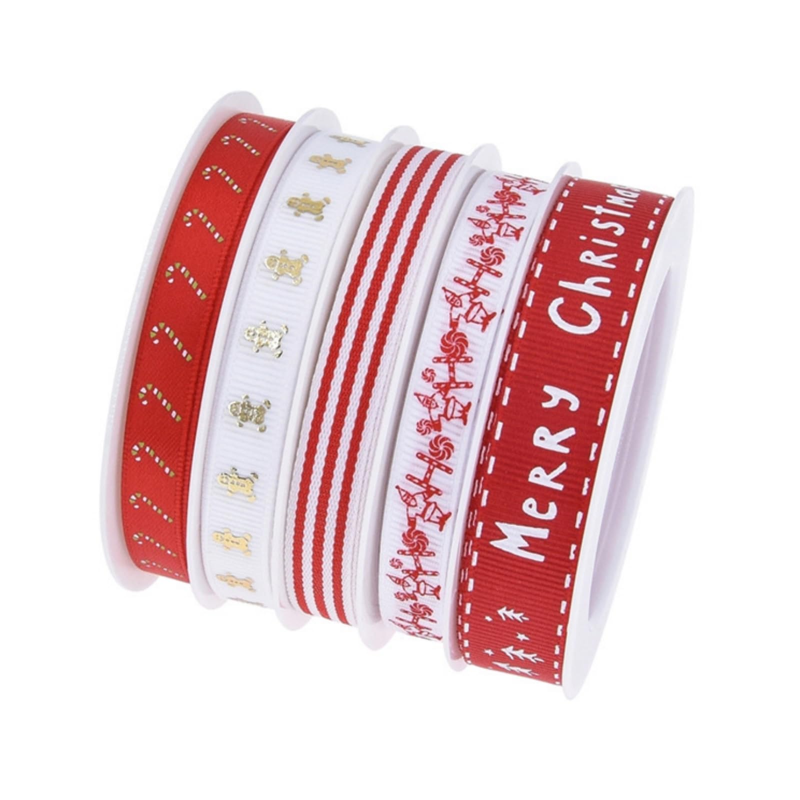 ankbrats 5 Rolls 5 Meters Christmas Ribbon, Merry Christmas Gingerbread Man Candy Gold Stamping Satin Ribbon, White and Red Pinstripe Festival Crafts Bow Party Decoration