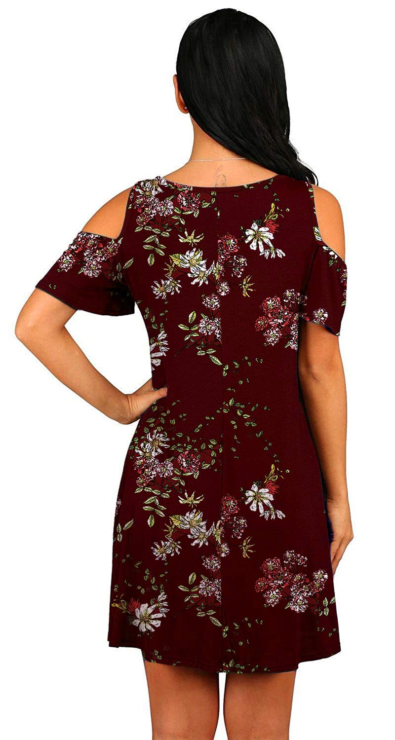 Donnalla Women\'s Summer Cold Shoulder midi Dress Tunic Top Swing T-Shirt Loose Dress with Pockets(Wine Red Floral Large)