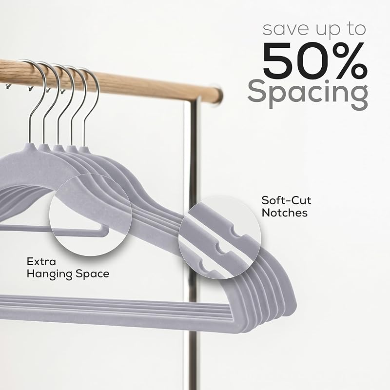 -Premium-Antirutsch-Kleiderbügel aus Samt - rutschfeste und strapazierfähige Kleiderbügel aus Samt mit Krawattenhalter - Stark genug, Jacken und Pullover zu halten (Grau, 50er-Pack)