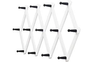 Dseap Accordian Wall Hanger: 16” High Wooden Wall Expandable Coat Rack, Hat Rack Holder, Accordion Hook for Baseball Caps, Coats, Mugs, 13 Peg Hooks, White & Black