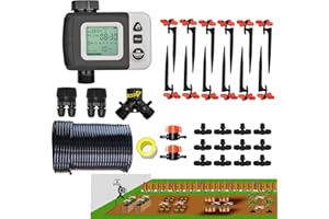FESMTEK Drip Irrigation Kit Automatic Watering System with Water Timer 64FT 1/4 Tubing and 12 Rain Spray Watering Nozzles in 4 Directions for Potted Plants Yard Lawn Juvenile Plants Greenhouse Mist