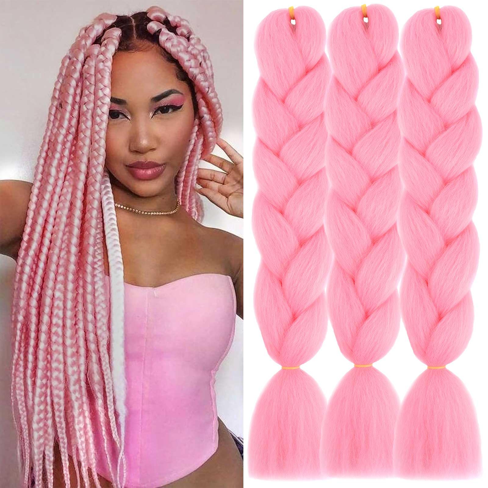 Xtrend 24Inch 3packs Braiding Hair Pink Kanekalon Jumbo Braids Hair Extension Jumbo Braiding for Twist Braiding Box Braids Crochet Hair (3Packs,Pink) โ image 1