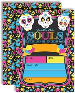Sugar Skull Day of The Dead, Dia De Los Muertos, Colorful Halloween Birthday Party Invitations, 20 5