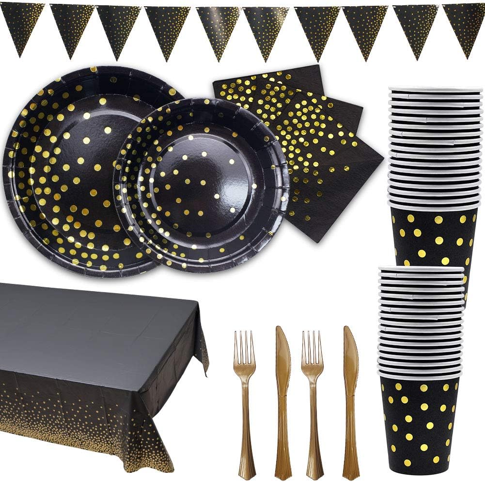 Black and Gold Party Supplies Golden Disposable Party Dinnerware Includes Paper Plates Napkins Knives Forks Cups Banner for Graduation,Birthday,Bachelorette party