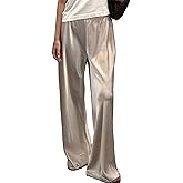 UAURORAO Satin Pants for Women Dressy Silk Wide Leg Lounge Pants Elastic Drawstring Casual Long Flowy Trousers