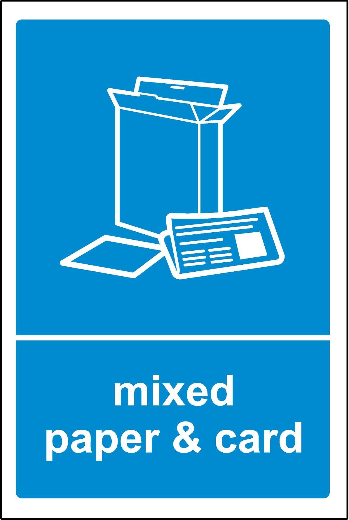Mixed Paper and card Recycling Sign/Sticker - Self adhesive sticker 150mm x 100mm